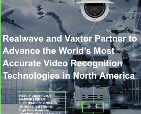 Realwave and Vaxtor announce partnership for advancing video recognition technologies in North America. The image showcases transportation elements, including trucks, containers, and a surveillance camera, emphasizing OCR solutions for logistics and security.